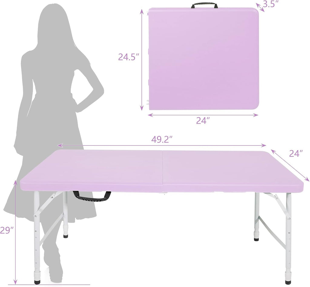 4 FT Folding Table with Carry Handle, Portable Fold-in-Half Plastic Table, Rectangle Foldable Table for Indoor/Outdoor Light Purple