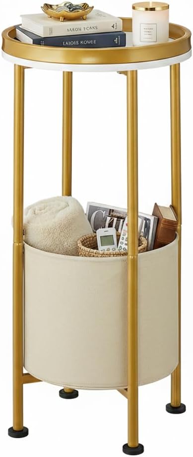 Small Round Side Table with Storage Basket, 2-Tier Round End Table for Living Room & Bedroom, 26" Tall Nightstand Modern Sofa End Table for Small Spaces (White Gold)