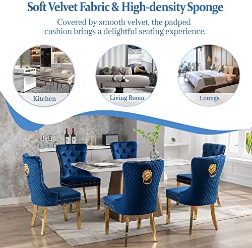 Dining Chairs Set of 6, High-end Back Lion Head Ring with Rhomboid Pattern | Elegant Button Tufting, Add Luxury to Dining Room, Bedroom, or Living Space, Durable Easy-clean Blue Velvet, Gold Legs