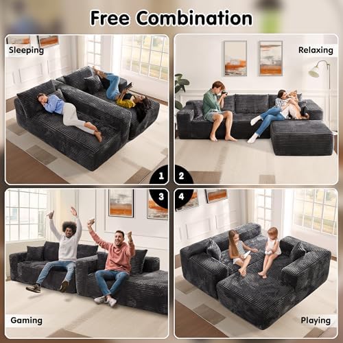 ovios 104" Cloud Couch with L-Shape Chaise,Modern Sectional Modular Sofa with Deep Seat, Upholstered Couches for Living Room Bedroom,No Assembly Required, Grey (Plush Corduroy Fabric)