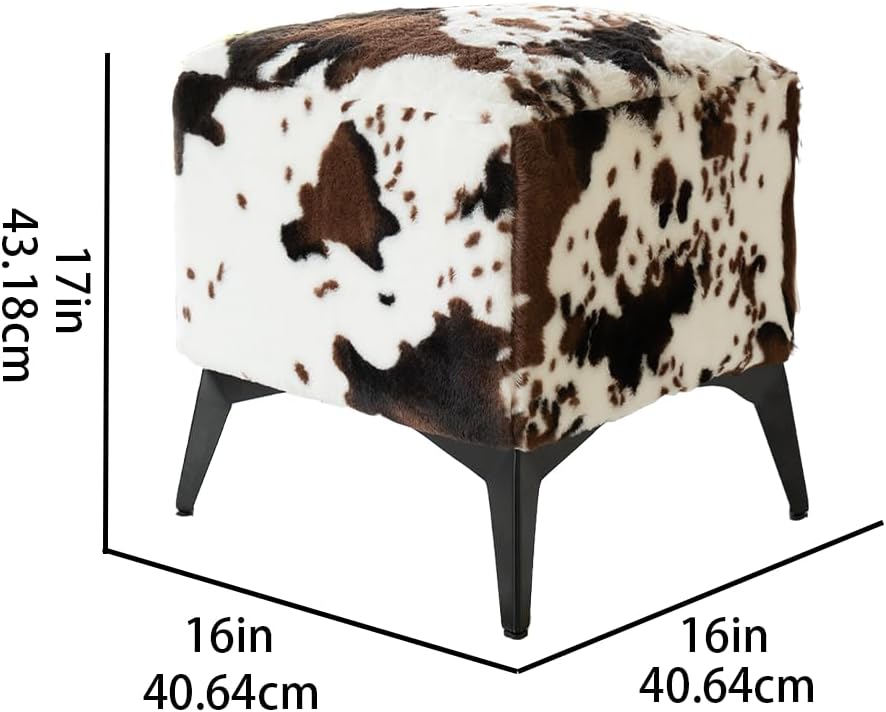 Faux Cowhide Ottoman, Upholstered Foot Stool,Animal Print Ottoman - 16 x 16 x 17 Inches, Cube Footrest with Solid Metal Legs for Living Room,Bedroom & Entryway (Coffee)