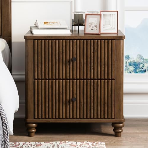 Fluted Nightstand, 21.65 Inch Wide Mid Century Modern Bedroom Side Table with 3 Drawers, Wooden Bedside Table with Metal Handles, Storage for Living Room Hallway, Walnut