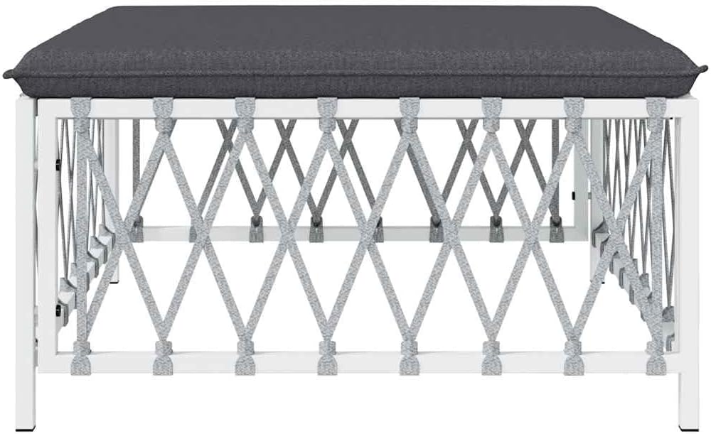 Patio Footstool with Cushion, White Woven Fabric Ottoman, Powder-Coated Steel Frame, Thickly Padded Seat for Garden Relaxation