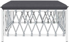 Patio Footstool with Cushion, White Woven Fabric Ottoman, Powder-Coated Steel Frame, Thickly Padded Seat for Garden Relaxation