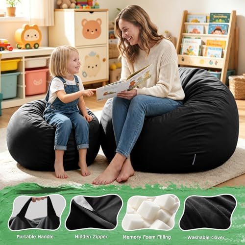 ZurNesfure Bean Bag Chair, Teardrop Large Bean Bag with Filling Black, 3FT | Bean Bag Chairs for Living Room, Washable Comfy Chair with Handle, Fluffy Bean Bag for Reading Gaming Relaxing