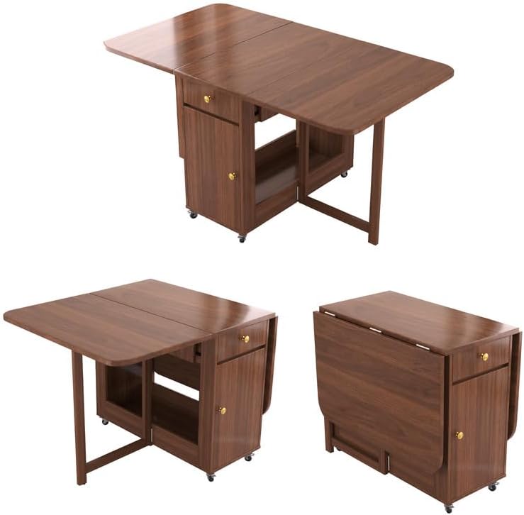 Folding Drop Leaf Dining Room Table 4-6 Seater with Storage and Lockable Wheels, 51" Fully Assembled Solid Wood Space-Saving Foldable Kitchen Table (Walnut)