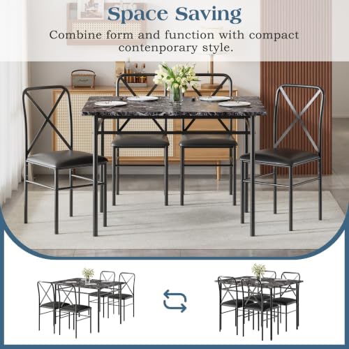 VECELO 5-Piece Dining Table Set for 4 with Upholstered Chairs, Pure Black | Faux Marble Tabletop, Space-Saving, for Kitchen, Breakfast Nook