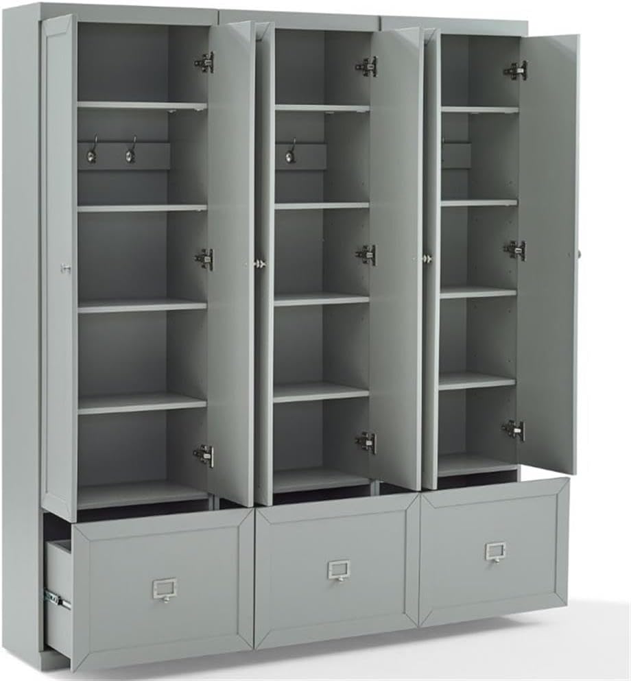 Pemberly Row Modern Wood/Metal Pantry Closets, 74" H x 66" W x 12.5" D, Distressed Gray Finish, Set of 3 Modular Cabinets with Adjustable Shelves, Drawers, Hooks, Traditional or Farmhouse Style