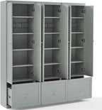 Pemberly Row Modern Wood/Metal Pantry Closets, 74" H x 66" W x 12.5" D, Distressed Gray Finish, Set of 3 Modular Cabinets with Adjustable Shelves, Drawers, Hooks, Traditional or Farmhouse Style
