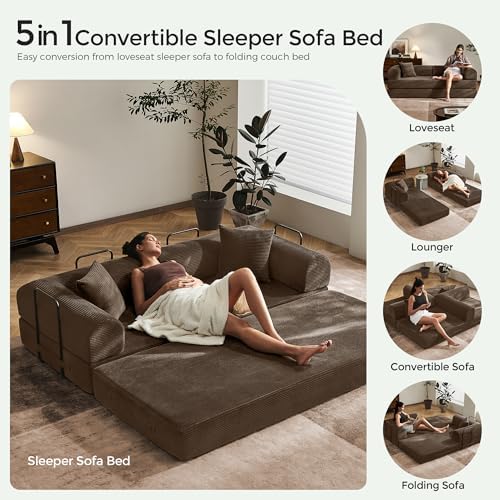 79" Convertible Futon Sofa Bed, Couch for Living Room | Brown | Folding Corduroy Sleeper Sofa, Modular Futon Couch with Fixed-Shape Frame, Pull Out Couch No Assembly