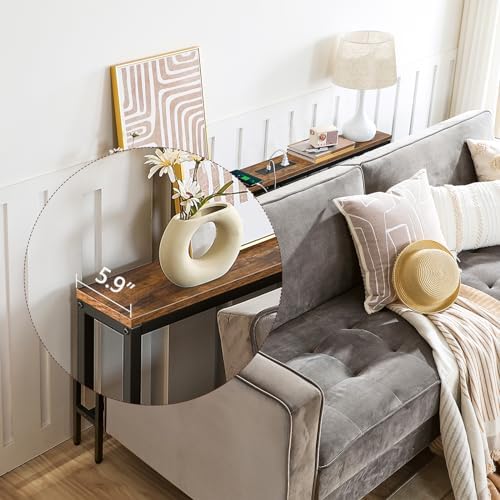 MAHANCRIS 55.1 Skinny Console Table with Power Outlets, 5.9" Slim Sofa Table Behind Couch, Long Entryway Tables, Narrow Sofa Hallway Table, Living Room CTHR145E01