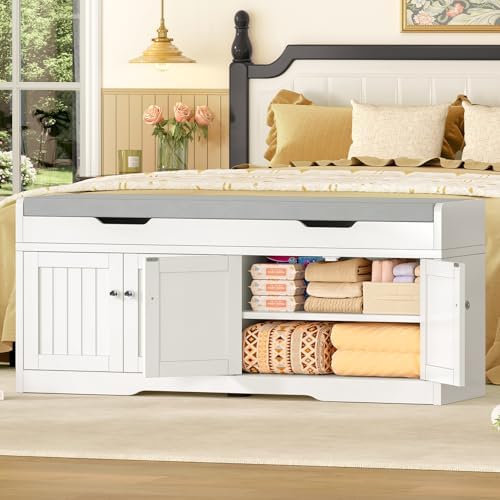 3-Tier Storage Bench, 47.2" Wide Shoe Bench with Lift Top Storage & 2 Adjustable Shelves, Entryway Bench with Padded Seat Cushion, Shoe Cabinet Bench for Entryway, Living Room, Bedroom (White)