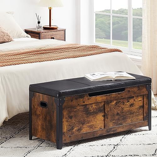 GAOMON 39.4" Storage Chest, Storage Bench with Safety Hinge | Farmhouse Style Wooden Trunk Chest for Entryway, Bedroom, Living Room, Rustic Brown
