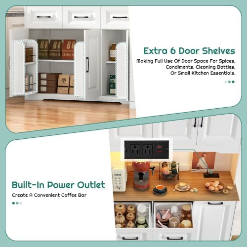 72" Tall 60" Wide Extra Large Pantry Storage Cabinet w/Power Outlet,LED Light,Farmhouse Kitchen Hutch Food Pantry Cabinet,3 Drawer,6 Doors Shelves,Storage Cart 3 Tier,for Kitchens,Dining Room,White