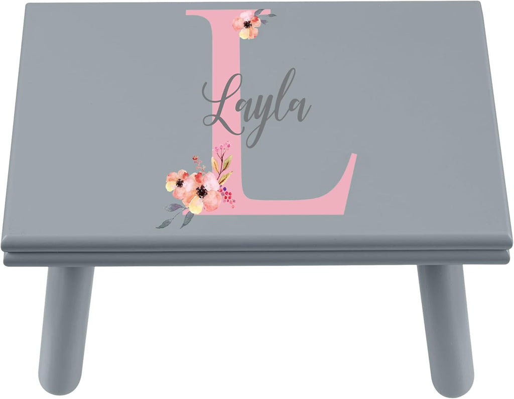 Let's Make Memories Personalized Step Stool - for Ages 3+ - Wood - Floral Design - Gray