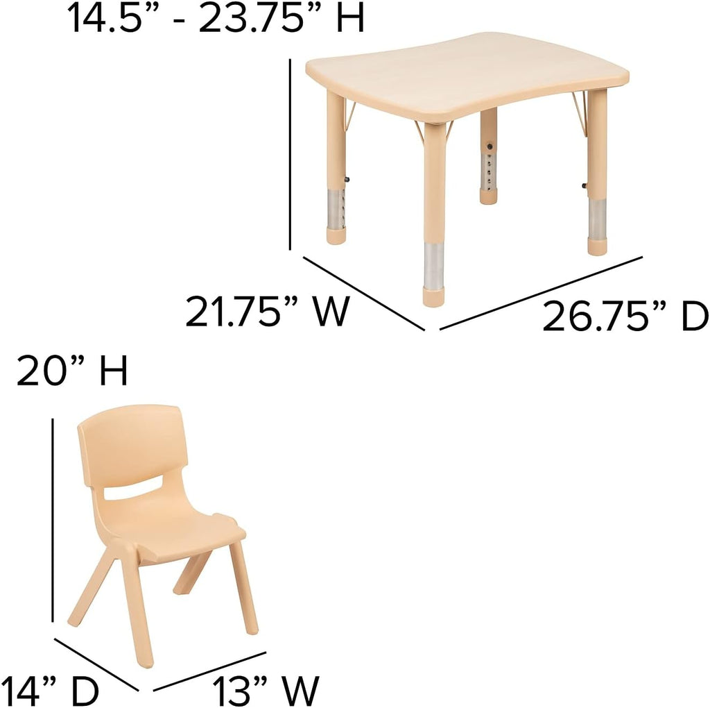 Flash Furniture 26.5x21.75 in Activity Table with 4 Chairs, Natural | Adjustable Height Table, Plastic, Durable Construction, Commercial Use