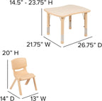 Flash Furniture 26.5x21.75 in Activity Table with 4 Chairs, Natural | Adjustable Height Table, Plastic, Durable Construction, Commercial Use