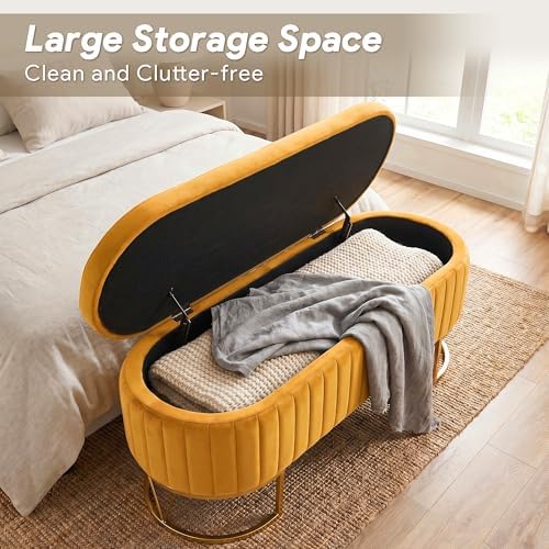 Storage Bench Bedroom Bench, Velvet Oval Upholstered End of Bed Bench with Golden Metal Legs, 46” Modern Storage Ottoman Bench for Bedroom, Living Room, Entryway, Window, Mustard