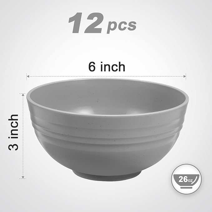 12 Pcs Unbreakable Cereal Bowls Set, 26 Oz Wheat Straw Bowls Set, Microwave & Dishwasher Safe Bowls for Kitchen, Reusable Plastic Bowls for Soup, Salad and Snack, BPA Free, Light Gray