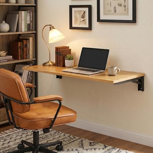 Need 47x20 Inch Wall Mounted Folding Table for Office Laundry Teak | Black Frame Fold Down Wall Mount Desk Folding Wall Table for Small Apartment, Garage&Ironing Station