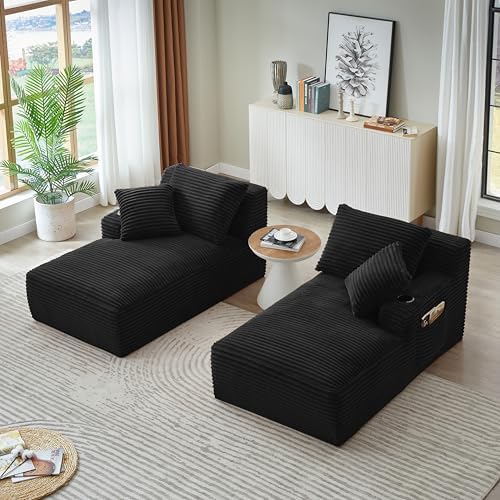 Eafurn Oversized Double Chaise Lounge Indoor with Cup Holders & Side Pocket, 71" Plush Corduroy Floor Chaise Lounge Sofa with High Density Sponge & Deep High Seat Comfy Sleeper Couch Bed
