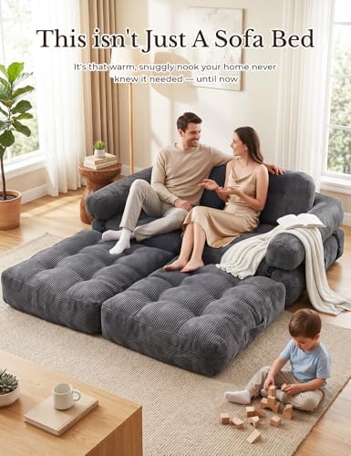 Folding Sofa Bed, L-Shaped Couch Back Support and Arm Pillow Futon | Convertible Sofa Bed for Living Room/Guest Use/Home Office, Foldable Couch for Adults, Dark Gray
