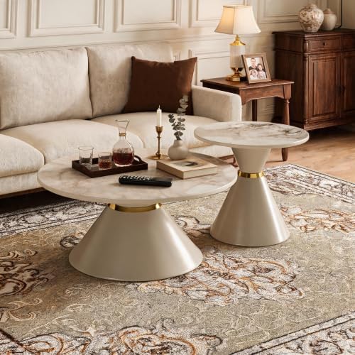 Modern Round Nesting Coffee Tables Set of 2, Marble‑Look Tabletop with Base | Stackable Nesting Coffee Tables, Round Faux Marble Top with Tapered Metal Base Gold Detail for Home Living Room