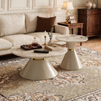 Modern Round Nesting Coffee Tables Set of 2, Marble‑Look Tabletop with Base | Stackable Nesting Coffee Tables, Round Faux Marble Top with Tapered Metal Base Gold Detail for Home Living Room