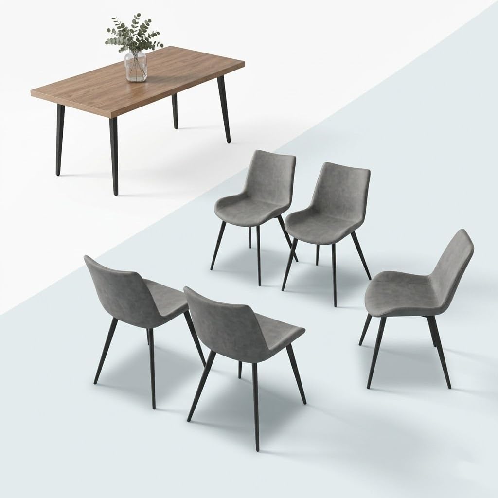ZckyCine 70.8" Walnut Dining Table with 6 PU Leather Chairs, 7-Piece Modern Dining Set, Sturdy Metal Legs, Rectangle Table for Kitchen & Dining Room