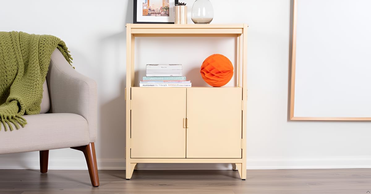 Yellow Metal Folding Storage Cabinet, Morden Foldable Sideboard, Powder Coated Steel Entryway Console Cabinet for Patio Outdoor Indoor Kitchen Bathroom, 5mins Assembly with Bolt