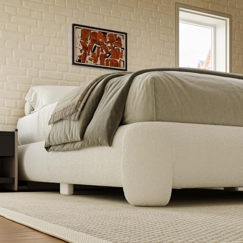 Cloud Full Size Platform Bed Frame, Soft Boucle Bed Frame with Round Corner, Upholstered Bedframe Full with Heavy Duty Wood Slat, No Box Spring Needed, Easy Assembly, White