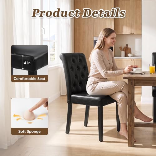 LSSPAID Dining Chairs Set of 6, Modern Armless Parsons Side Chairs, Upholstered Button-Tufted PU Leather Dining Kitchen Chairs with Solid Wood Legs, Black