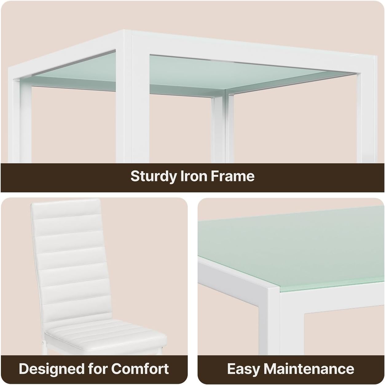 Gizoon 3 Piece Glass Dining Table Set, Kitchen Table and Chairs Set for 2 | PU Leather Modern Room Sets,Small Dining Table Sets,Space Saving Table and Chairs Set for Home, Kitchen,Living Room, White