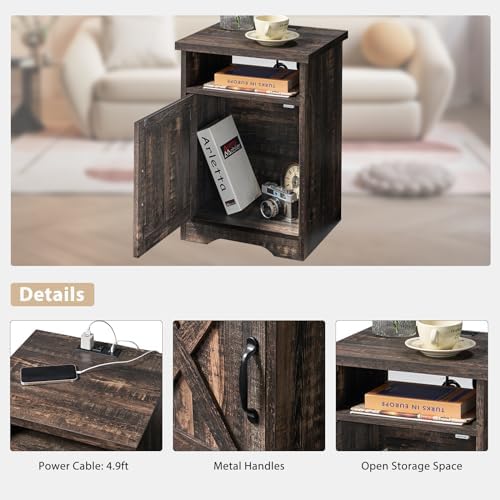 AMERLIFE 3 Piece Farmhouse Living Room Coffee Table Set, Dark Oak | Coffee Table & 2 End Tables with Charging Station and USB Ports, Farmhouse Style, Barn Door Design, Living Room Furniture
