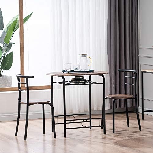 VINGLI 3 Piece Dining Set, Small Kitchen Table Set for 2, Breakfast Table Set, Kitchen Wooden Table with 2 Chairs for Small Space/Dining Room/Apartment, Metal Frame, Wine Rack, Burnt Brown