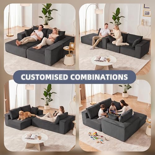 108" Couch with Chaise, Cloud Sectional Modular Sofa, Darkgrey | Deep Seat Modular Sectional Sofa for Living Room, Upholstered Corduroy Couch for Apartment, Convertible No Assembly Sofa