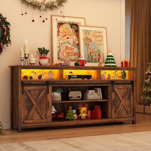 70" LED Farmhouse TV Stand for 80/75/70 Inch TVs,Tall Entertainment Center Storage Cabinets w/Power Outlets and Sliding Barn Door,Rustic TV Stands for Living Room,Media Console Cabinet (Brown)
