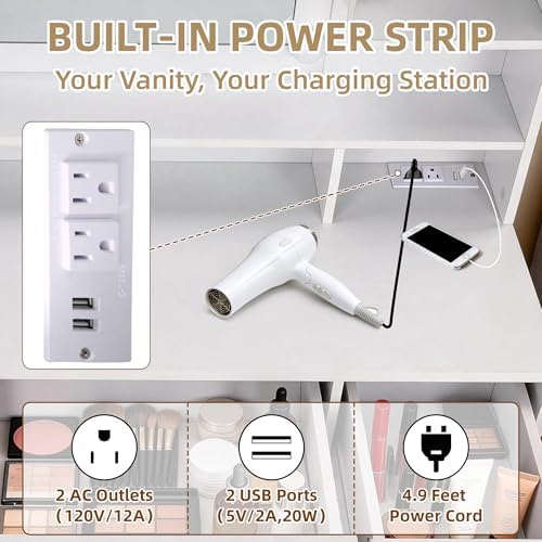 42" W Vanity Desk with Power Outlet Mirror and LED Lights Large Heavy Duty Makeup Vanitys Table with 3 Drawers & 6 Open Shelves & 2 Cabinet Storage for Bedroom Dressing, White