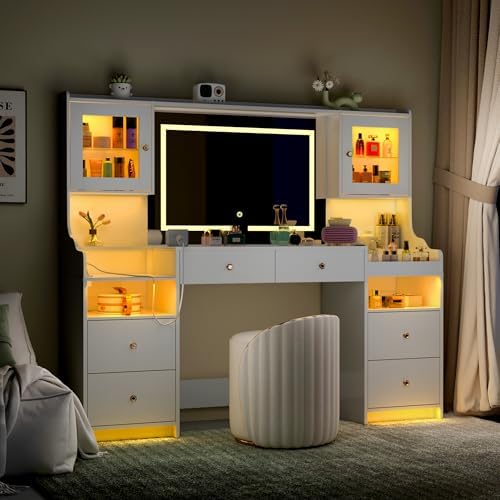 wanan 62" Large White Vanity Desk with Glass Top, Makeup Vanity with Mirror and LED Lights, One-Touch 3 Lighting Modes, Dressing Table with 6 Drawers, 2 Cabinets and Power Outlet for Women, Girls
