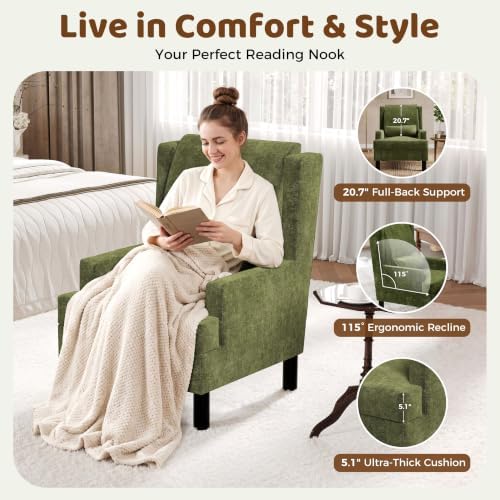 Garvee Wingback Accent Chair Set of 2, Mid-Century Chenille Reading Chair | High back design, 5.1 in spring + foam cushion, wood frame with metal backrest, lumbar pillow, 350 lb capacity