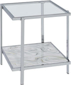 Pemberly Row Contemporary 3-Piece Coffee & End Table Set, Engineered Wood and Chrome, Tempered Glass Tops, Faux-Stone Pattern, Living Room Furniture Set with Storage Shelves