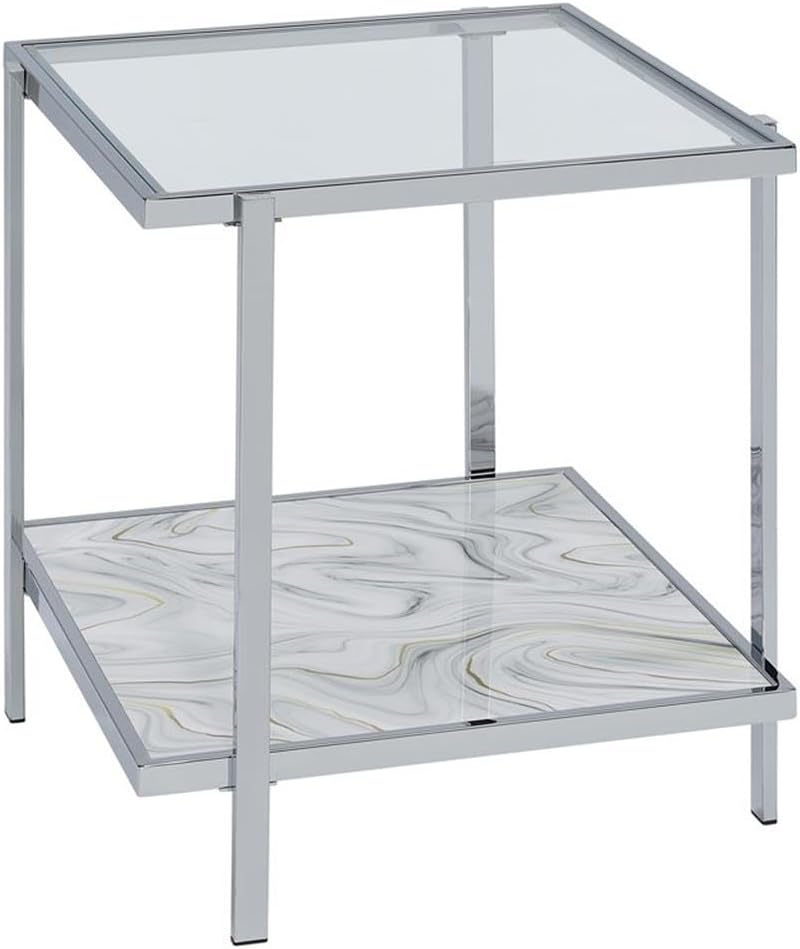 Pemberly Row Contemporary 3-Piece Coffee & End Table Set, Engineered Wood and Chrome, Tempered Glass Tops, Faux-Stone Pattern, Living Room Furniture Set with Storage Shelves