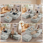 Lakifun 107" L-Shape Sofa with Ottoman, Modern Modular Sectional Comfy U-Shape Cloud Couch, Deep Seat, Upholstered Corduroy Sleeper Chaise Longue for Living Room Bedroom, No Assembly Required, Grey