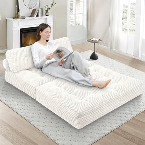 Folding Sofa Bed, Convertible Sleeper Chair with Pillow & Handle, Foldable Mattress Futon Chair Bed Lounge with Back Support, Comfy Floor Sofa for Living Room Bedroom, Beige, Full
