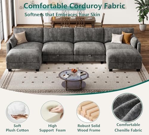 Modular Sectional Sofa, 132" U Shaped Couch with Storage, Chenille | High Resilience Foam, 22" Seat Depth, Movable Ottoman, Comfy Chenille, Easy Assembly, Dark Gray