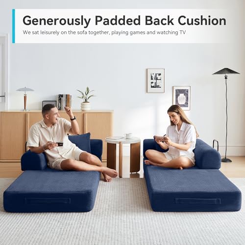 79" Convertible Sofa Bed, Couch for Small Living Room | Corduroy Loveseat Sleeper Sofa, Modular Futon Couch with 2 pillow, Pull Out Couch No Assembly (Navy Blue)