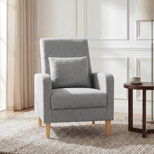 COLAMY Mid-Century Modern Upholstered Accent Chair with Back Pillow & Solid Wood Legs, Fabric Cozy Armchair for Living Room, Bedroom, Reading Nook, Apartment & Small Spaces, Lightgrey