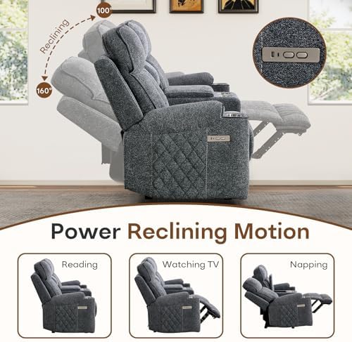 HAOMARKETS 3-Piece Recliner Sofa Set with Charging Ports, Include 2 Power Recliner Chairs and Electric 2-Seater Loveseat Reclining Couch with Hidden Storage and Cup Holders for Living Room, Dark Grey