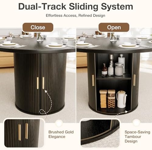 Pamapic Dining Table Set for 6, 47" Round Dining Table with Chairs, Storage Shelf, Space-Saving Tambour Design, Gold Handles, Wood Grain, Kitchen Table and Chairs for Dining Room & Living Room, Black