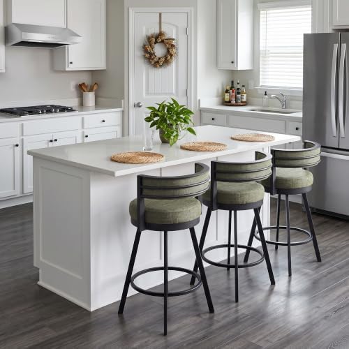 Flouki Swivel Counter Height Bar Stools Set of 2, Upholstered 26.6" Modern Counter Stools with Arms, Linen Barstools with Back and Metal Base for Kitchen Island, Dining Room, Green Linen Fabric